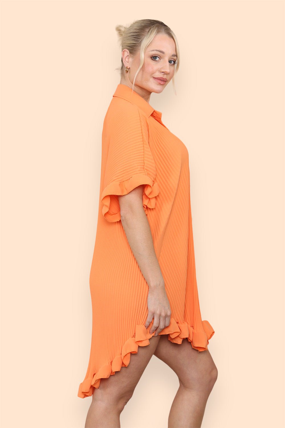 Green OverSized Italian Gold Button Pleated Frill Ruffle Dress Top For Women ONE SIZE FIT (8-18) - Dropwear
