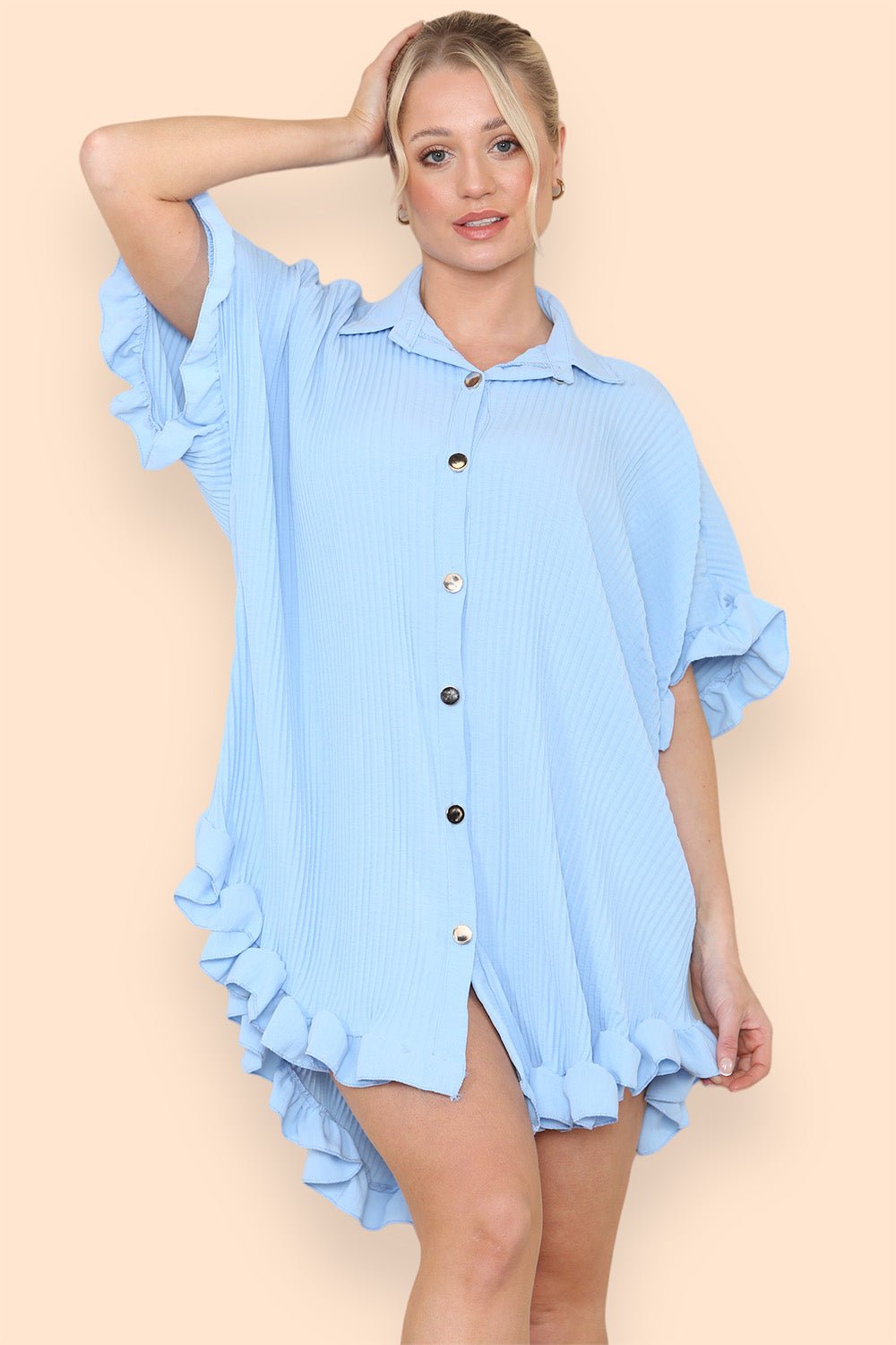 Royal Blue OverSized Italian Gold Button Pleated Frill Ruffle Dress Top For Women ONE SIZE FIT (8-18) - Dropwear