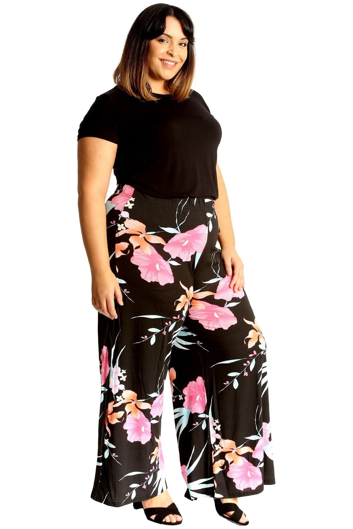 Black Plus Size Cerise Aqua Floral Print Palazzo Trouser For Women 24-26 - Dropwear