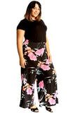 Black Plus Size Cerise Aqua Floral Print Palazzo Trouser For Women 24-26 - Dropwear