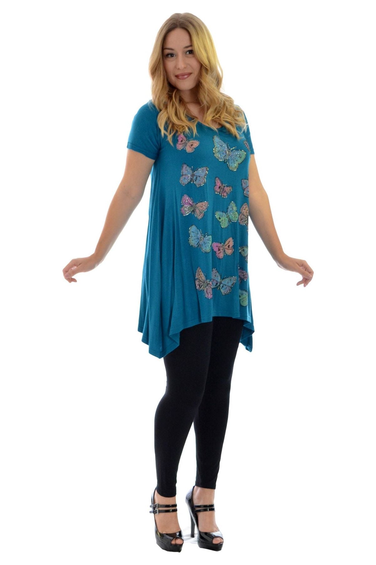 Mocha Butterfly Hanky Hem Short Sleeve Top For Women 16 - Dropwear