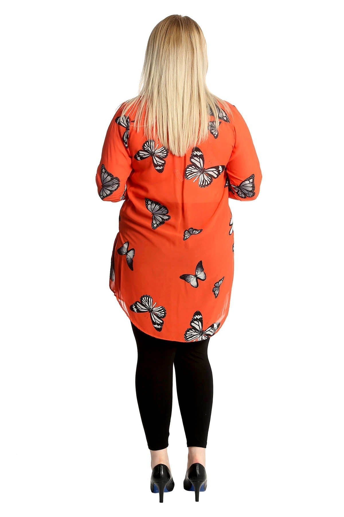 Red Butterfly Print Side Slit Curved Hem Top For Women 18 - Dropwear