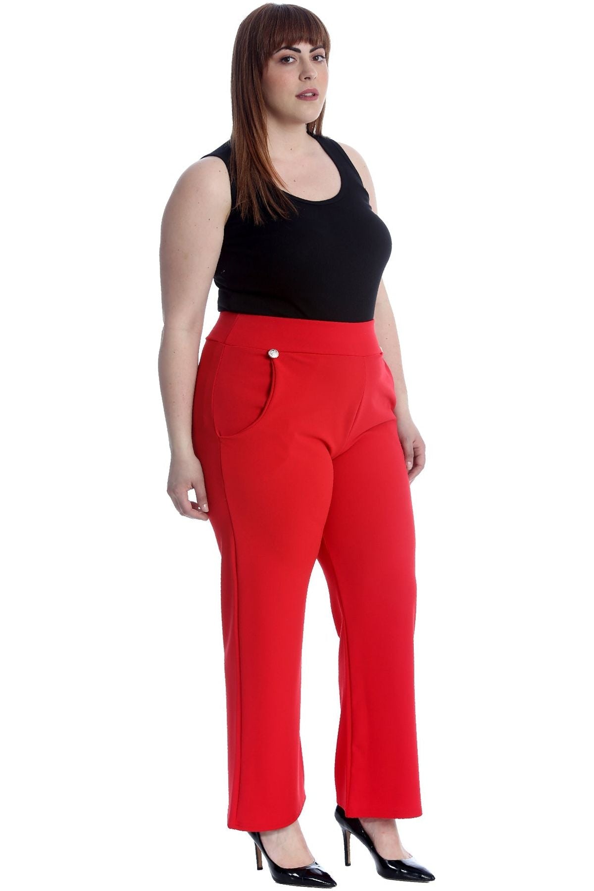 Red Plus Button Embellished Pocket Palazzo Trousers For Women 18 - Dropwear