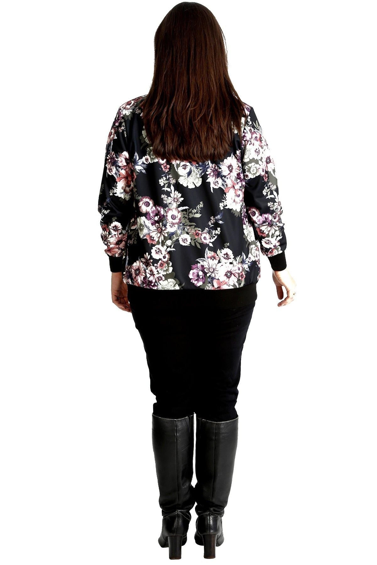 Black Floral Bomber Jacket Ladies Print Elasticated For Women 20 - Dropwear