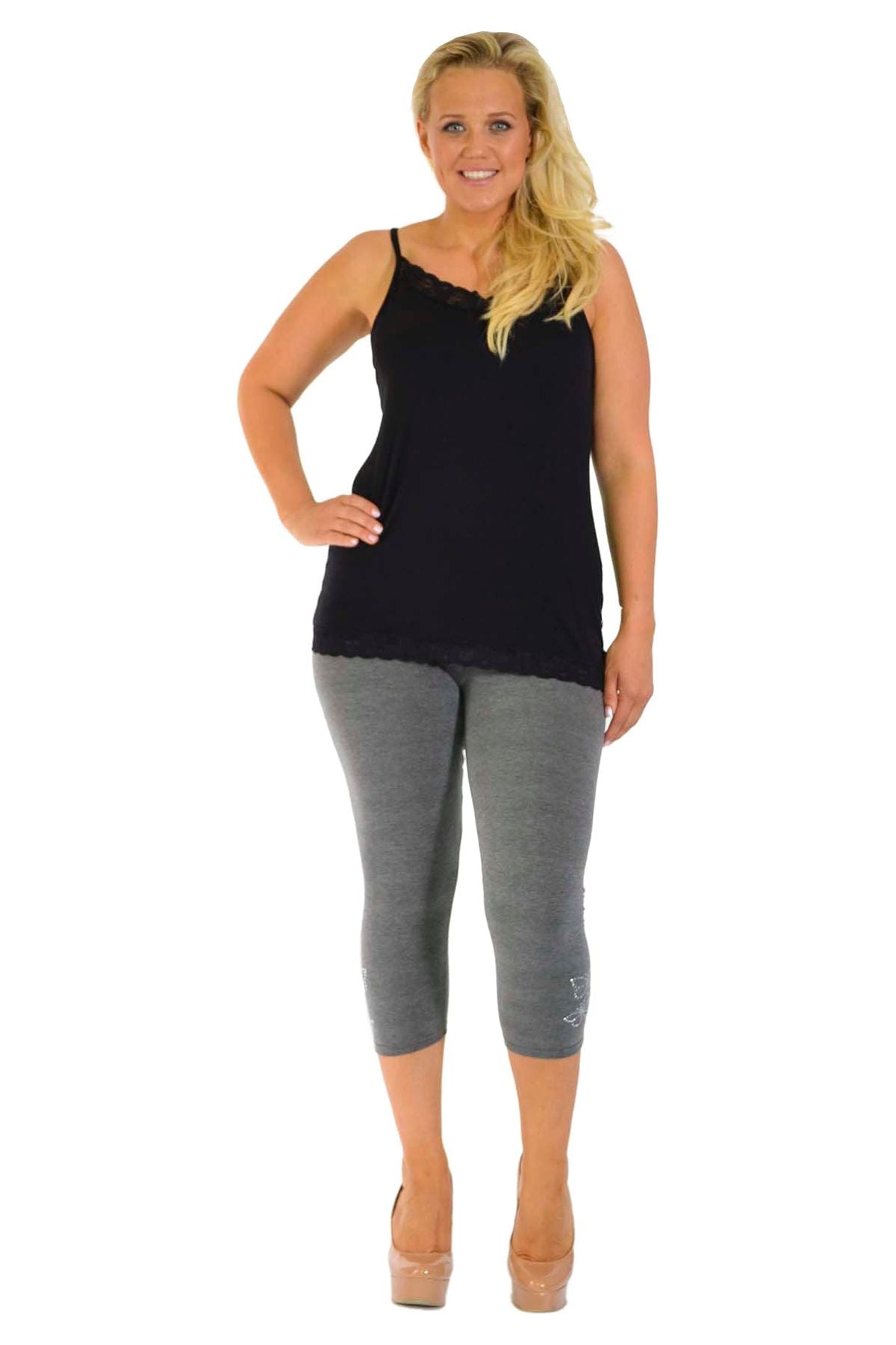 Cerise Plus Size 3/4 Butterfly Sequin Leggings For Women 16-18 - Dropwear