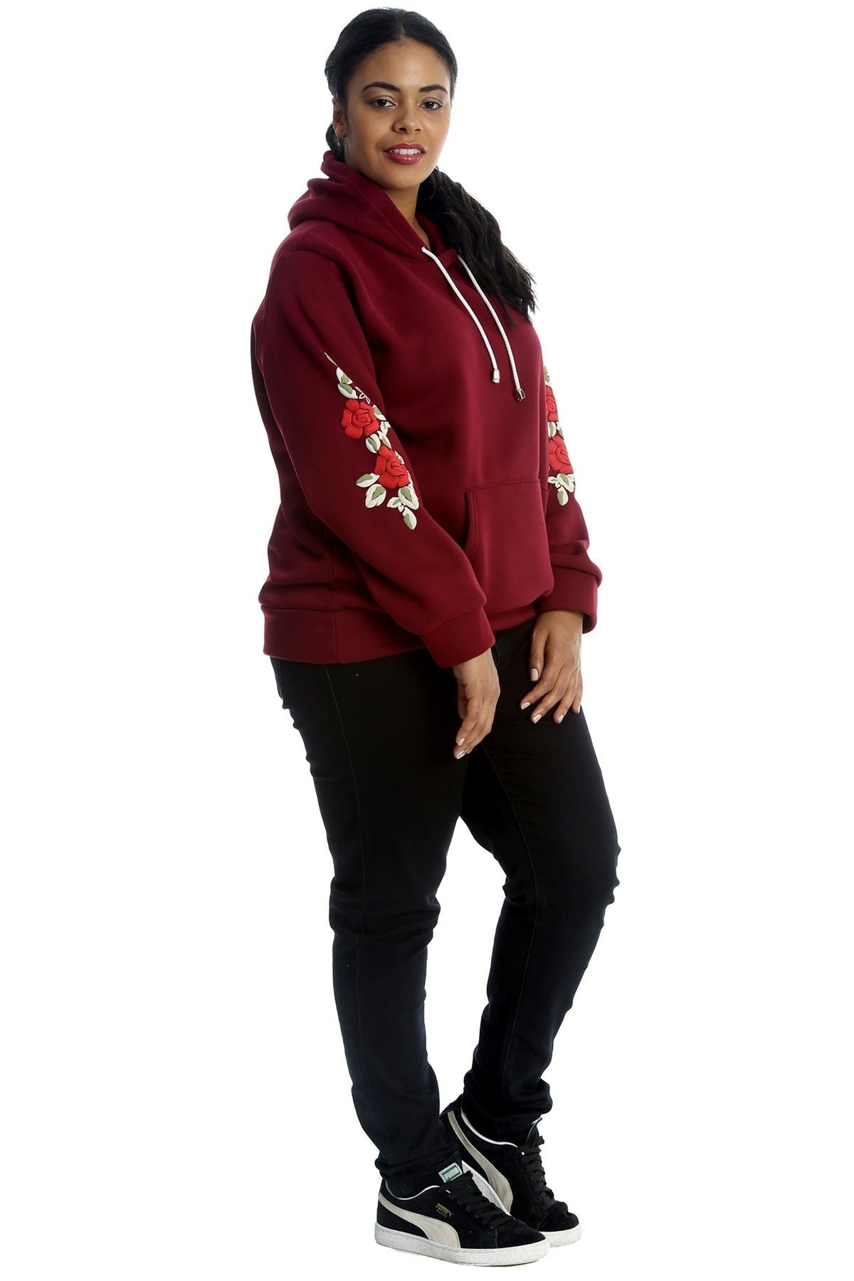 Red Embroidered Pouch Pocket Sweatshirt For Women 22-24 - Dropwear