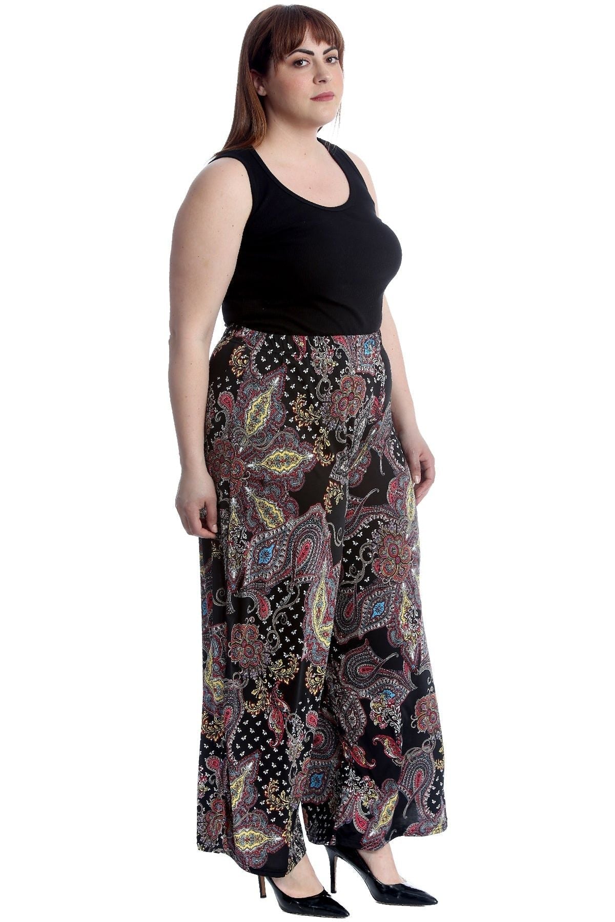 Navy Plus Size Wine Paisley Print Wide Leg Palazzo Trouser For Women 16-18 - Dropwear