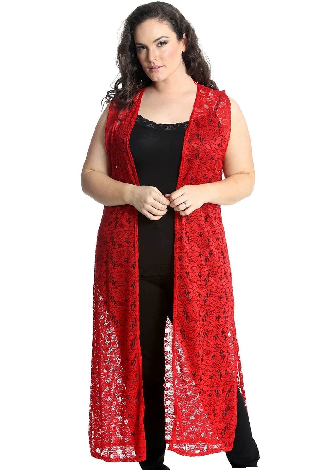 Red Floral Lace Open Top Long Cardigan For Women 14 - Dropwear