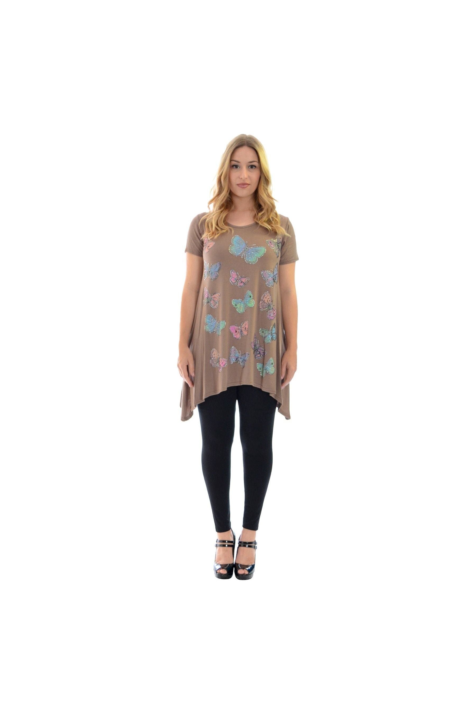 Royal Blue Butterfly Hanky Hem Short Sleeve Top For Women 26-28 - Dropwear