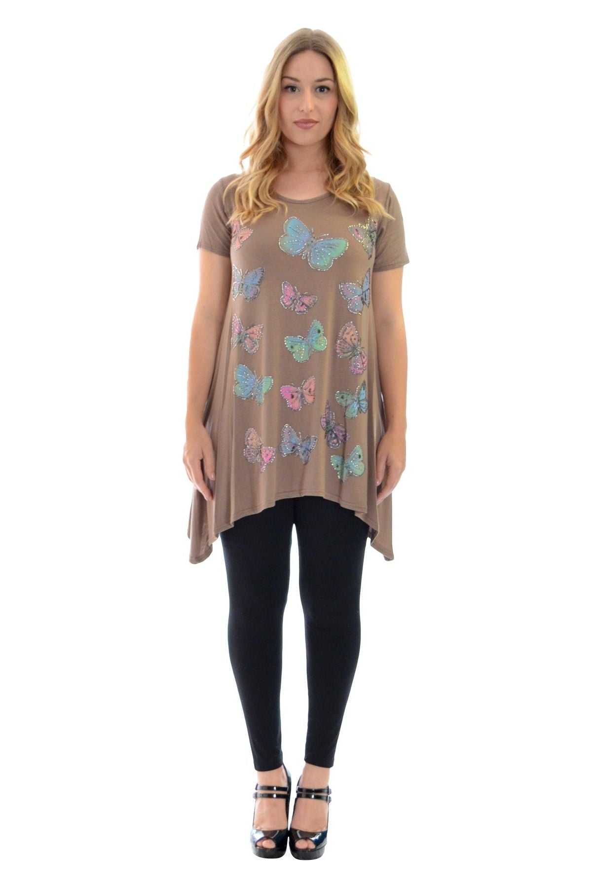 Mocha Butterfly Hanky Hem Short Sleeve Top For Women 20 - Dropwear