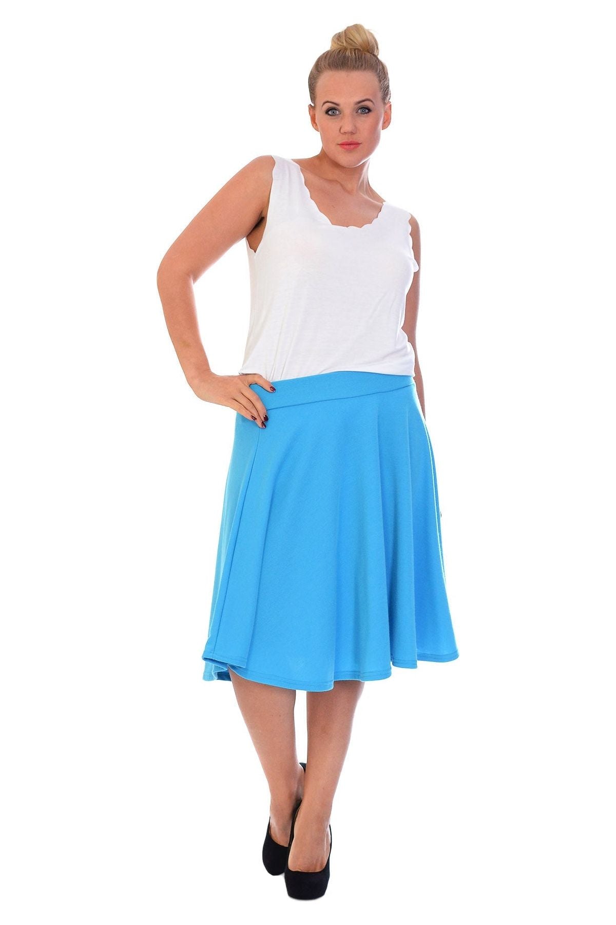 Silver Grey Flared Elastic Waist Skater Skirt For Women 14 - Dropwear