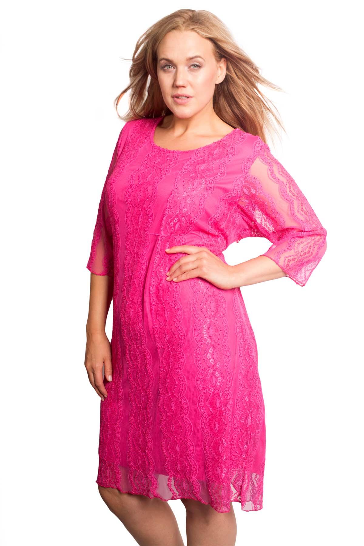 Cerise Floral Lace Lined 3/4 Sleeve Dress For Women 14 - Dropwear