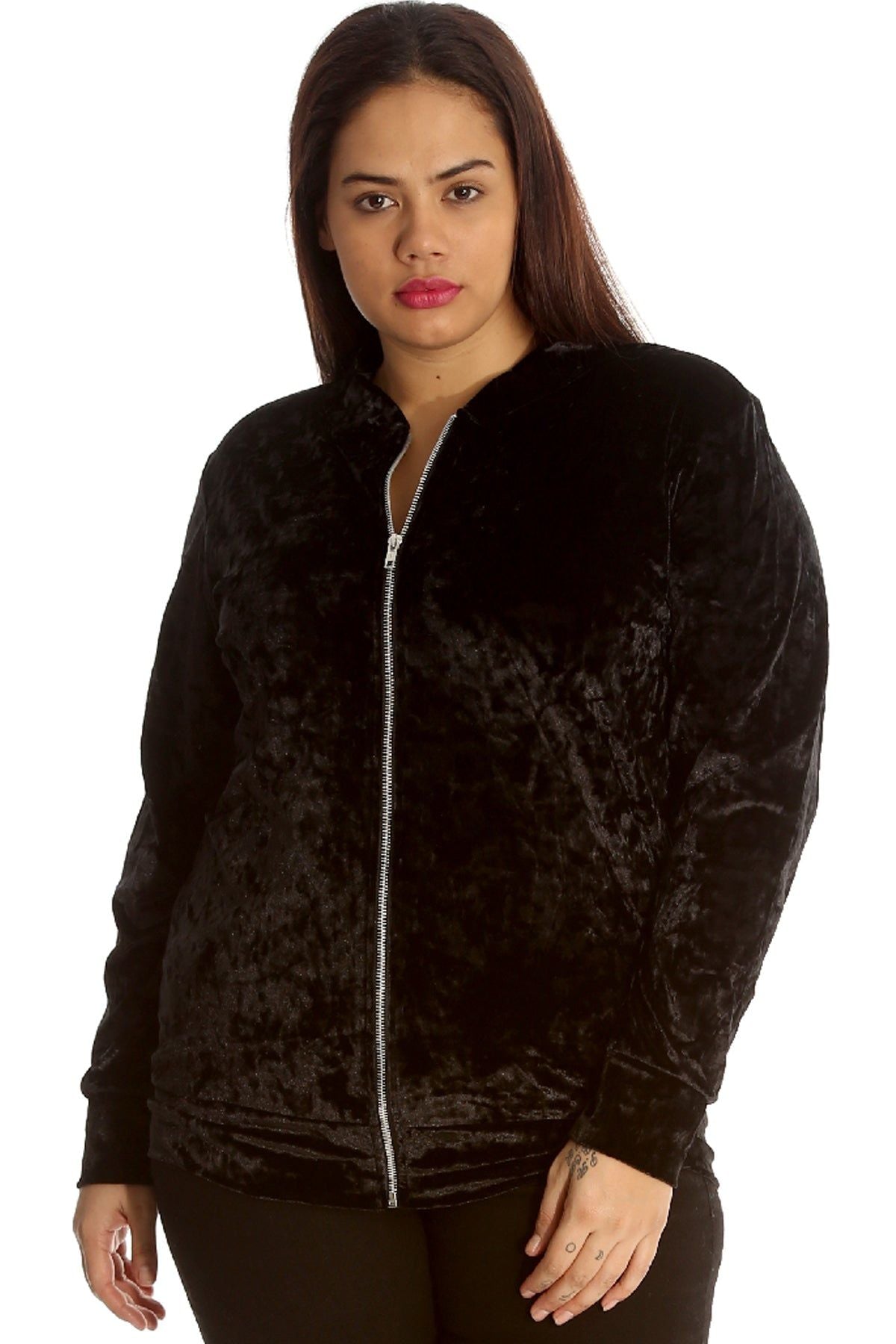 Black Long Sleeve Velour Velvet Bomber Jacket For Women 18 - Dropwear