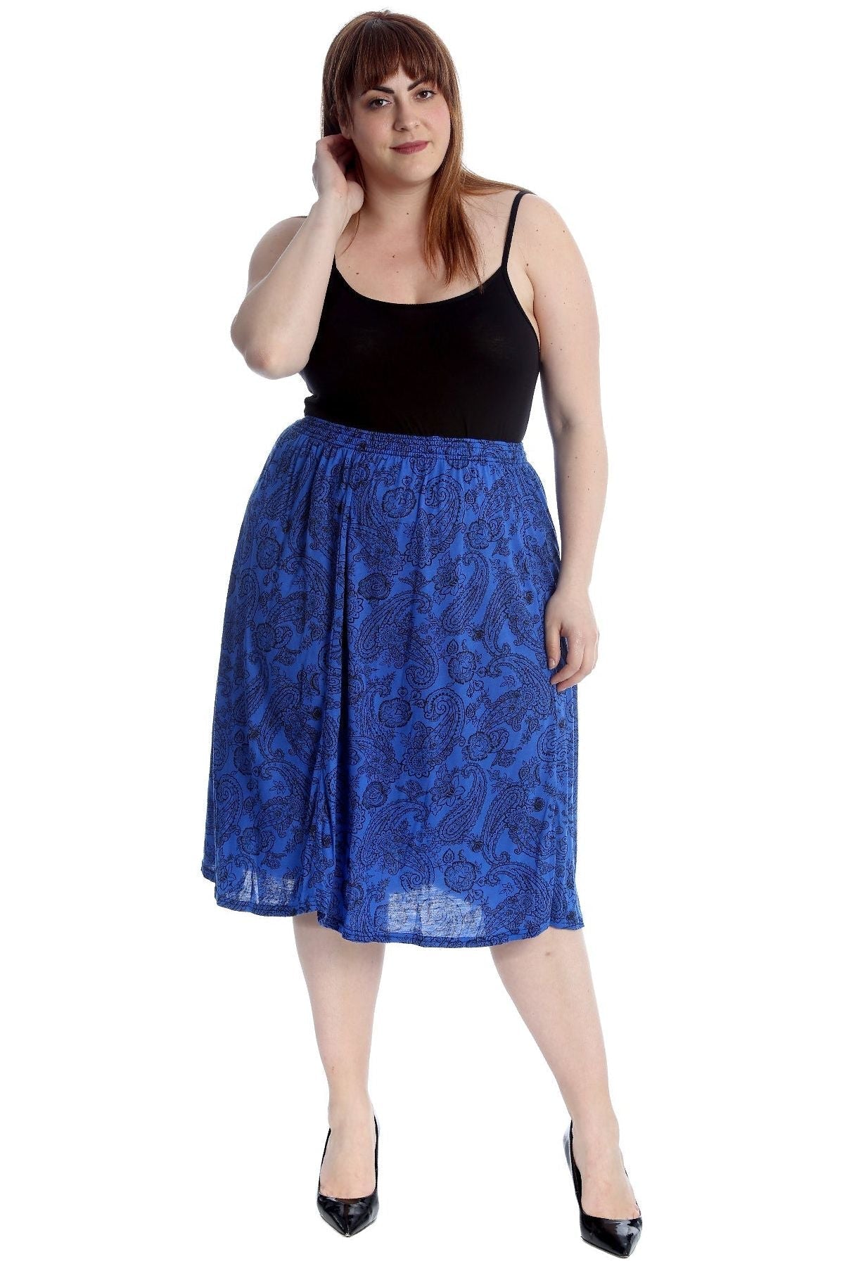 Paisley Royal Plus Size Paisley Royal Print Midi Skirt For Women 24-26 - Dropwear