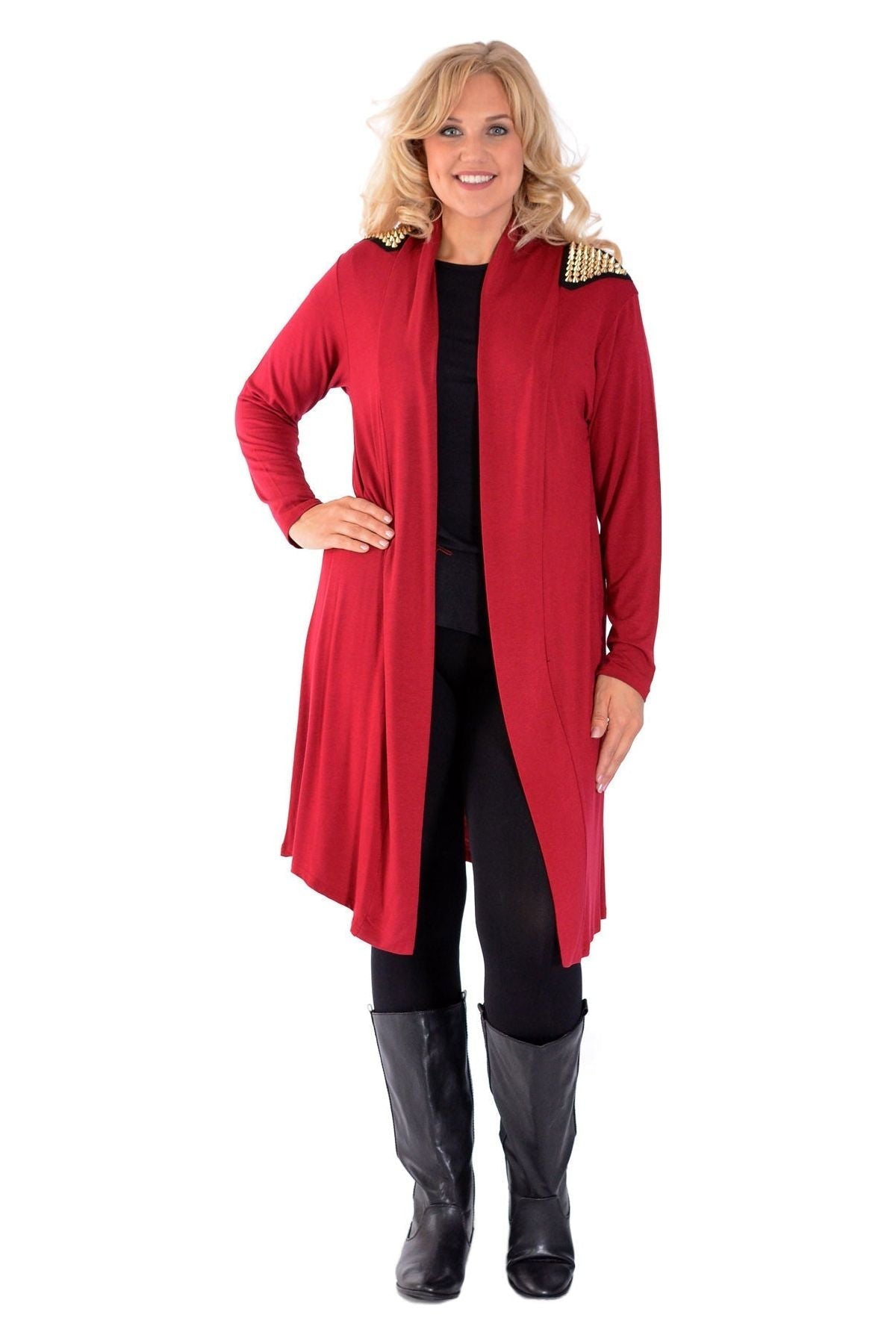 Black Plus Size Long Sleeve Spike Maxi Cardigan For Women 24-26 - Dropwear
