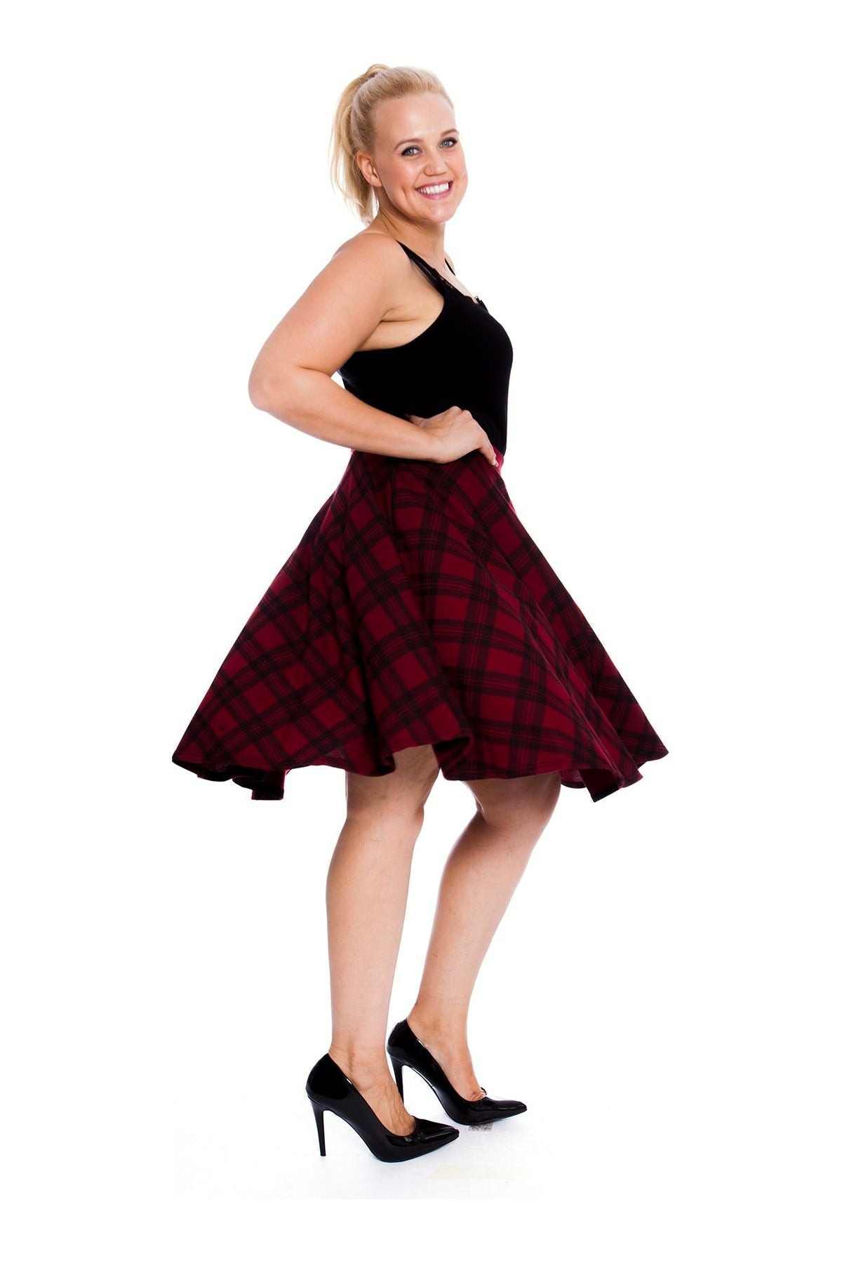Purple Tartan Flared Elastic Waist Skater Skirt For Women 26-28 - Dropwear