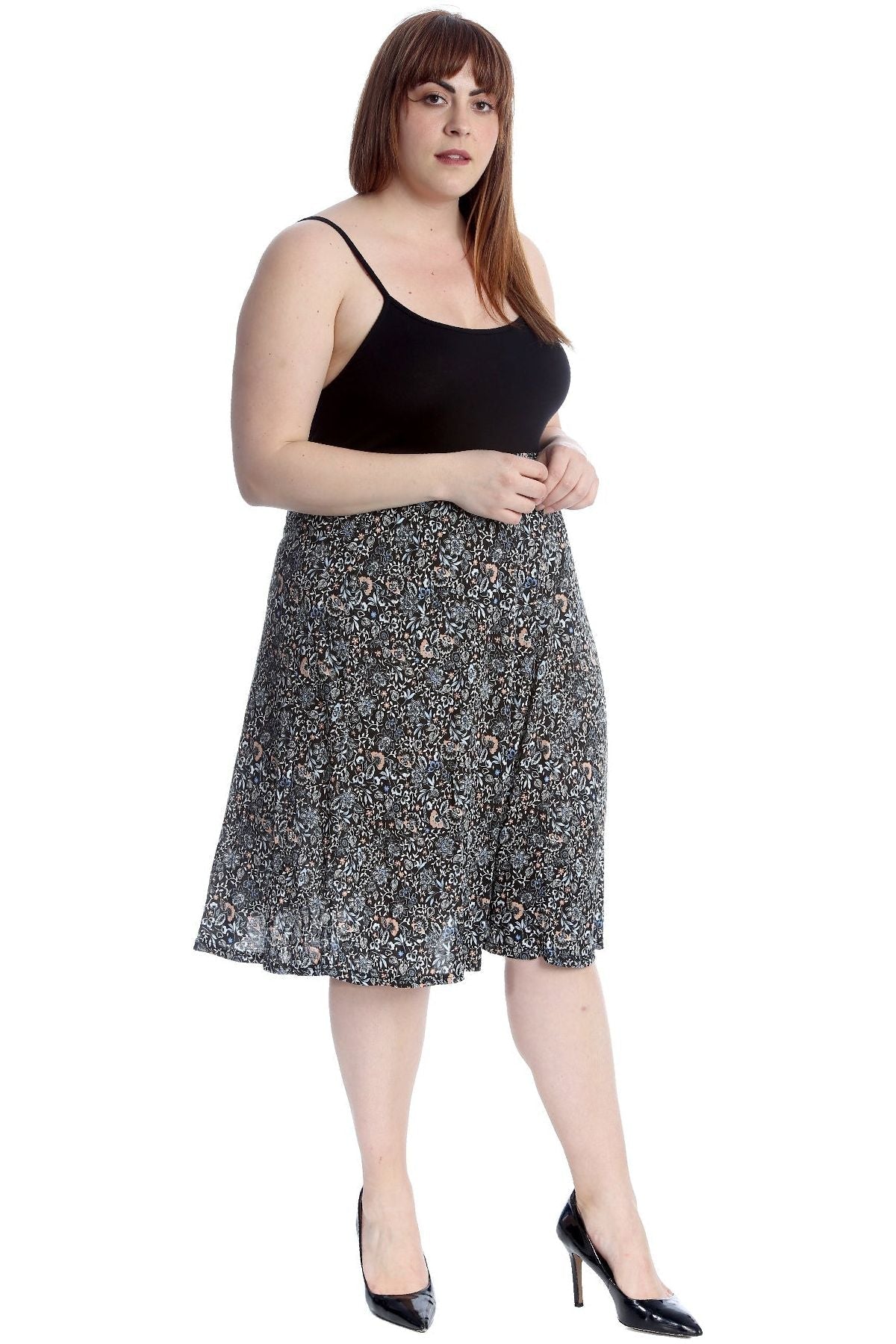 Peach Floral Plus Size Peach Floral Midi Skirt For Women 24-26 - Dropwear