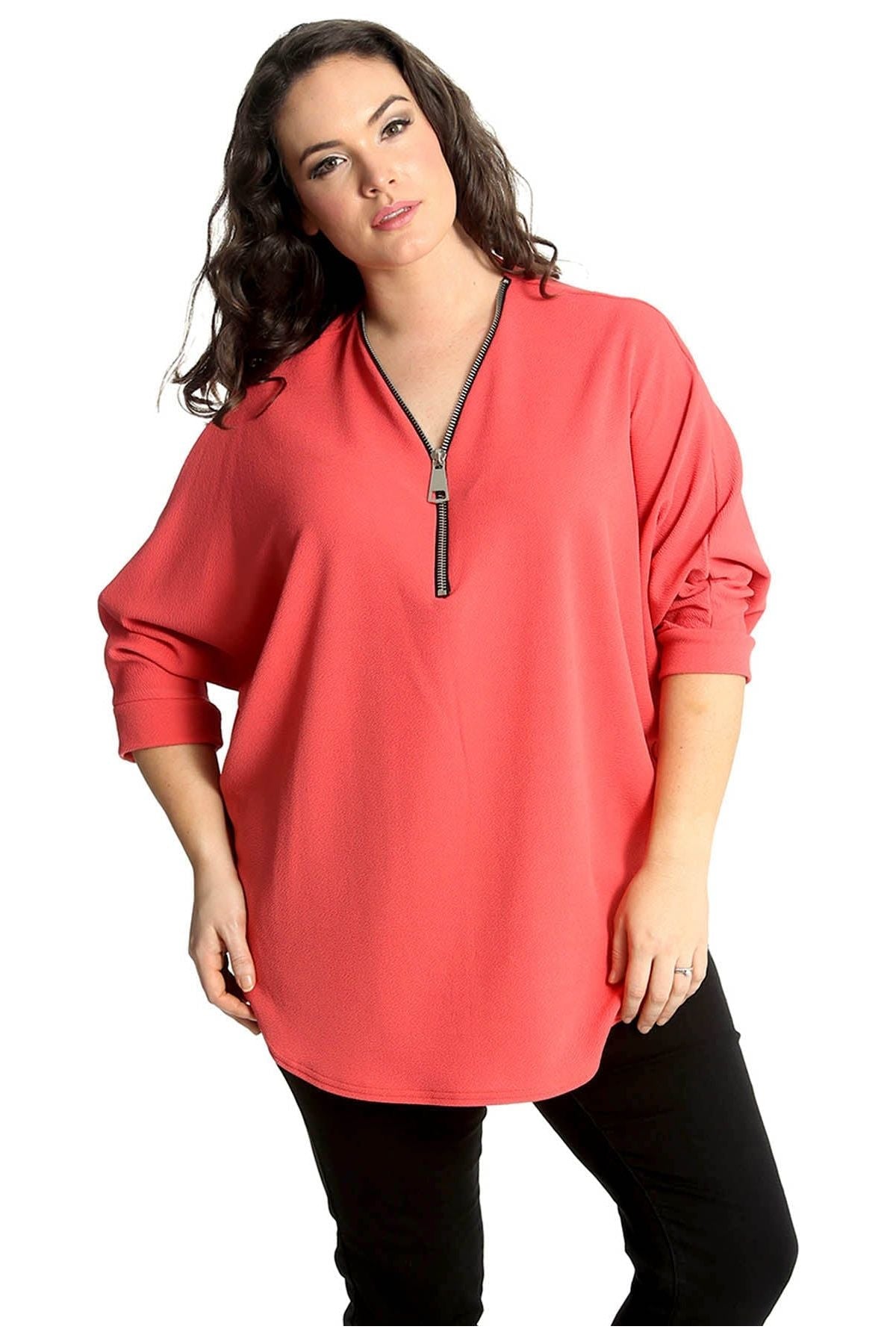 Black Zip Curved Hem V-Neck Batwing Sleeve Top For Women 12-14 - Dropwear