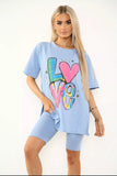 Pink Love Side Slit Cycling Short and T-Shirts Co-Ord Two Piece Set with FrontÂ LoveÂ Slogan For Women ONE SIZE UK FIT (UPTO 14) - Dropwear