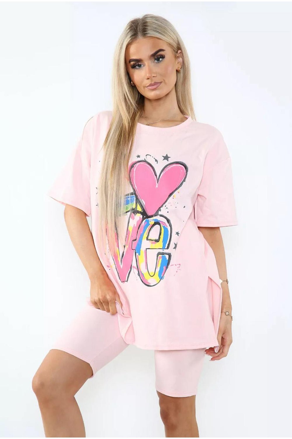 Sage Green Love Side Slit Cycling Short and T-Shirts Co-Ord Two Piece Set with FrontÂ LoveÂ Slogan For Women ONE SIZE UK FIT (UPTO 14) - Dropwear
