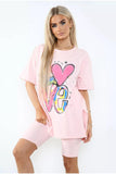 Sage Green Love Side Slit Cycling Short and T-Shirts Co-Ord Two Piece Set with FrontÂ LoveÂ Slogan For Women ONE SIZE UK FIT (UPTO 14) - Dropwear