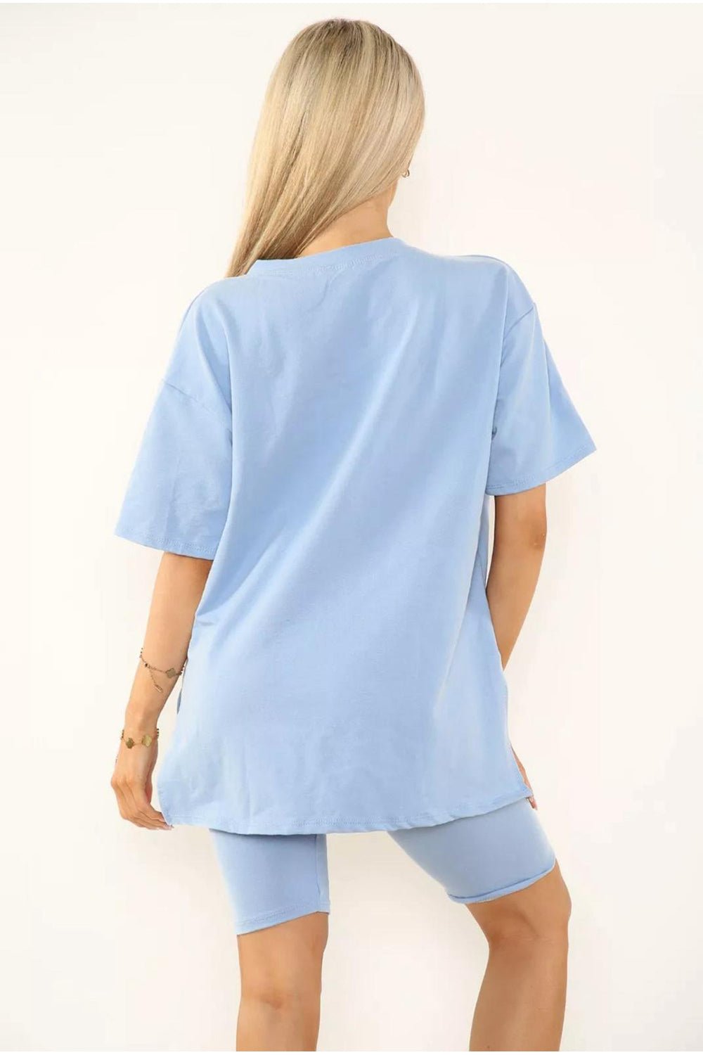 Sky Blue Love Side Slit Cycling Short and T-Shirts Co-Ord Two Piece Set with FrontÂ LoveÂ Slogan For Women ONE SIZE UK FIT (UPTO 14) - Dropwear