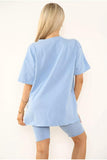 Sky Blue Love Side Slit Cycling Short and T-Shirts Co-Ord Two Piece Set with FrontÂ LoveÂ Slogan For Women ONE SIZE UK FIT (UPTO 14) - Dropwear