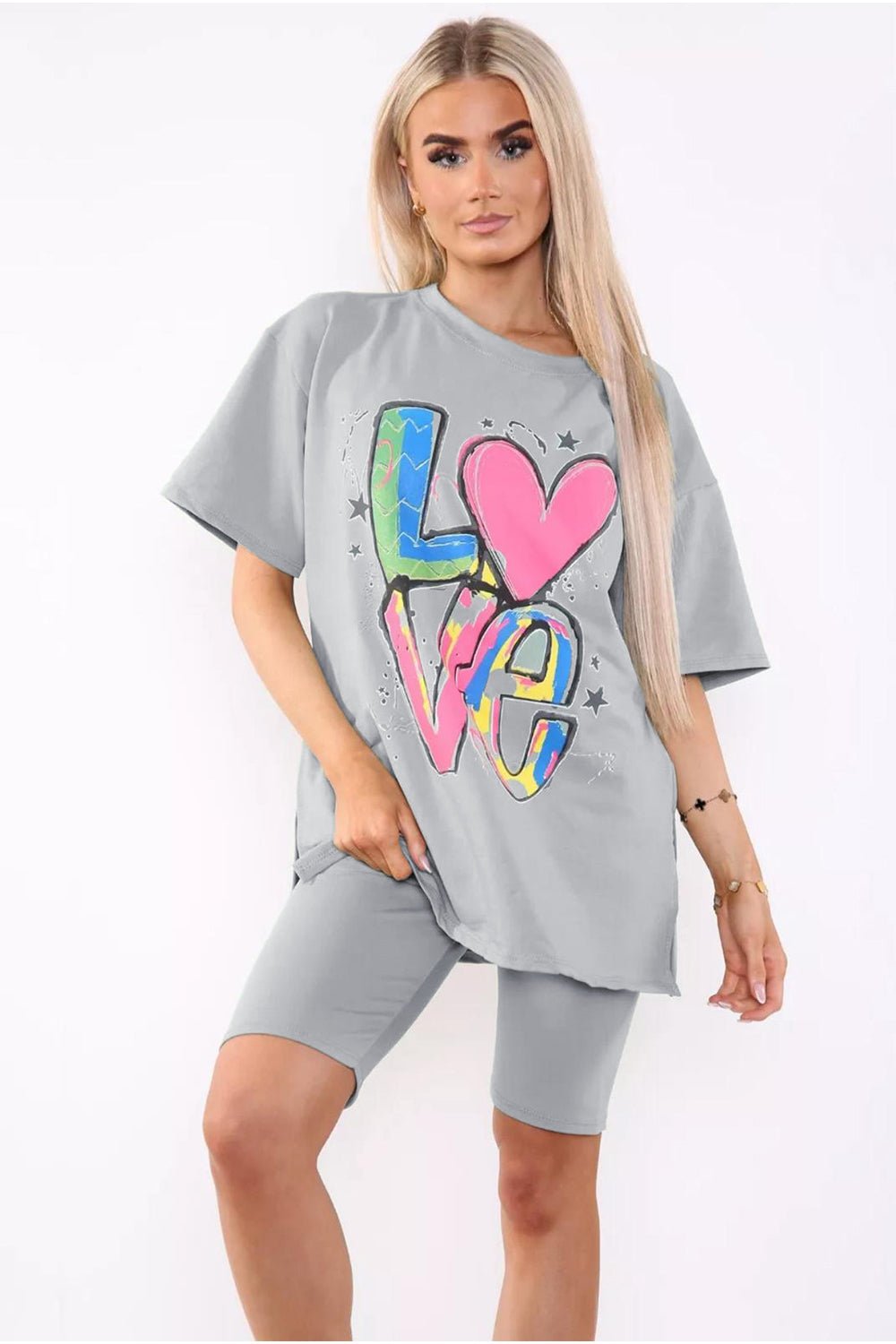 Love Side Slit Cycling Short and T-Shirts Co-Ord Two Piece Set with FrontÂ LoveÂ Slogan For Women  - Dropwear