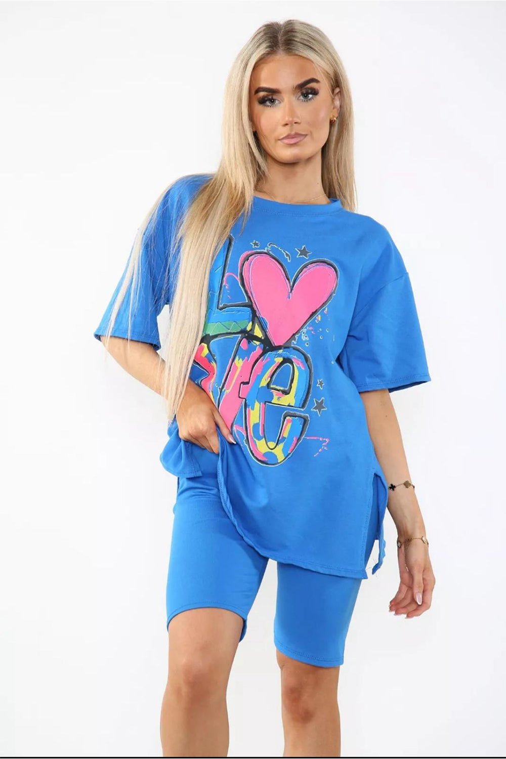 White / Cream Love Side Slit Cycling Short and T-Shirts Co-Ord Two Piece Set with FrontÂ LoveÂ Slogan For Women ONE SIZE UK FIT (UPTO 14) - Dropwear