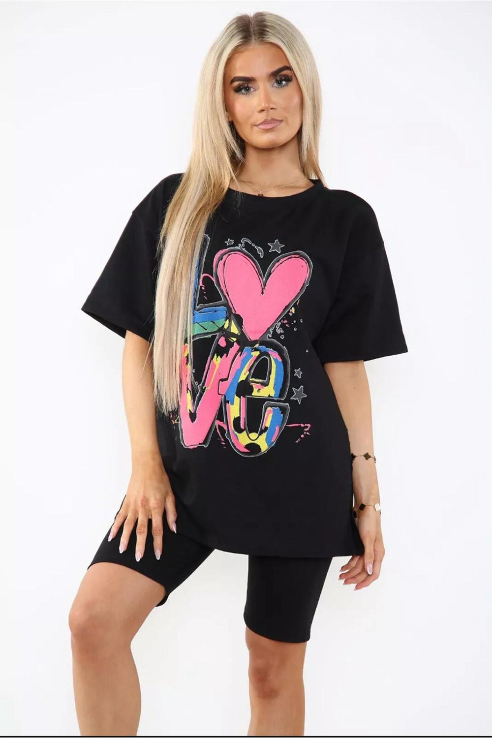 Love Side Slit Cycling Short and T-Shirts Co-Ord Two Piece Set with FrontÂ LoveÂ Slogan For Women  - Dropwear