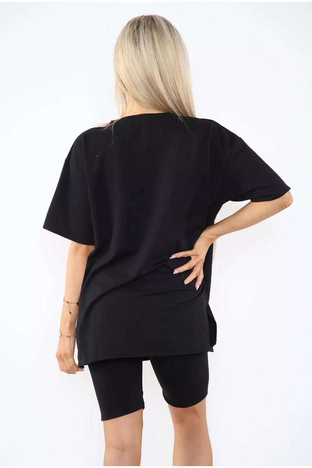 Love Side Slit Cycling Short and T-Shirts Co-Ord Two Piece Set with FrontÂ LoveÂ Slogan For Women  - Dropwear