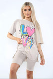Royal Blue Love Side Slit Cycling Short and T-Shirts Co-Ord Two Piece Set with FrontÂ LoveÂ Slogan For Women ONE SIZE UK FIT (UPTO 14) - Dropwear