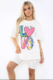 Love Side Slit Cycling Short and T-Shirts Co-Ord Two Piece Set with FrontÂ LoveÂ Slogan For Women  - Dropwear