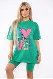 Black Love Side Slit Cycling Short and T-Shirts Co-Ord Two Piece Set with FrontÂ LoveÂ Slogan For Women ONE SIZE UK FIT (UPTO 14) - Dropwear