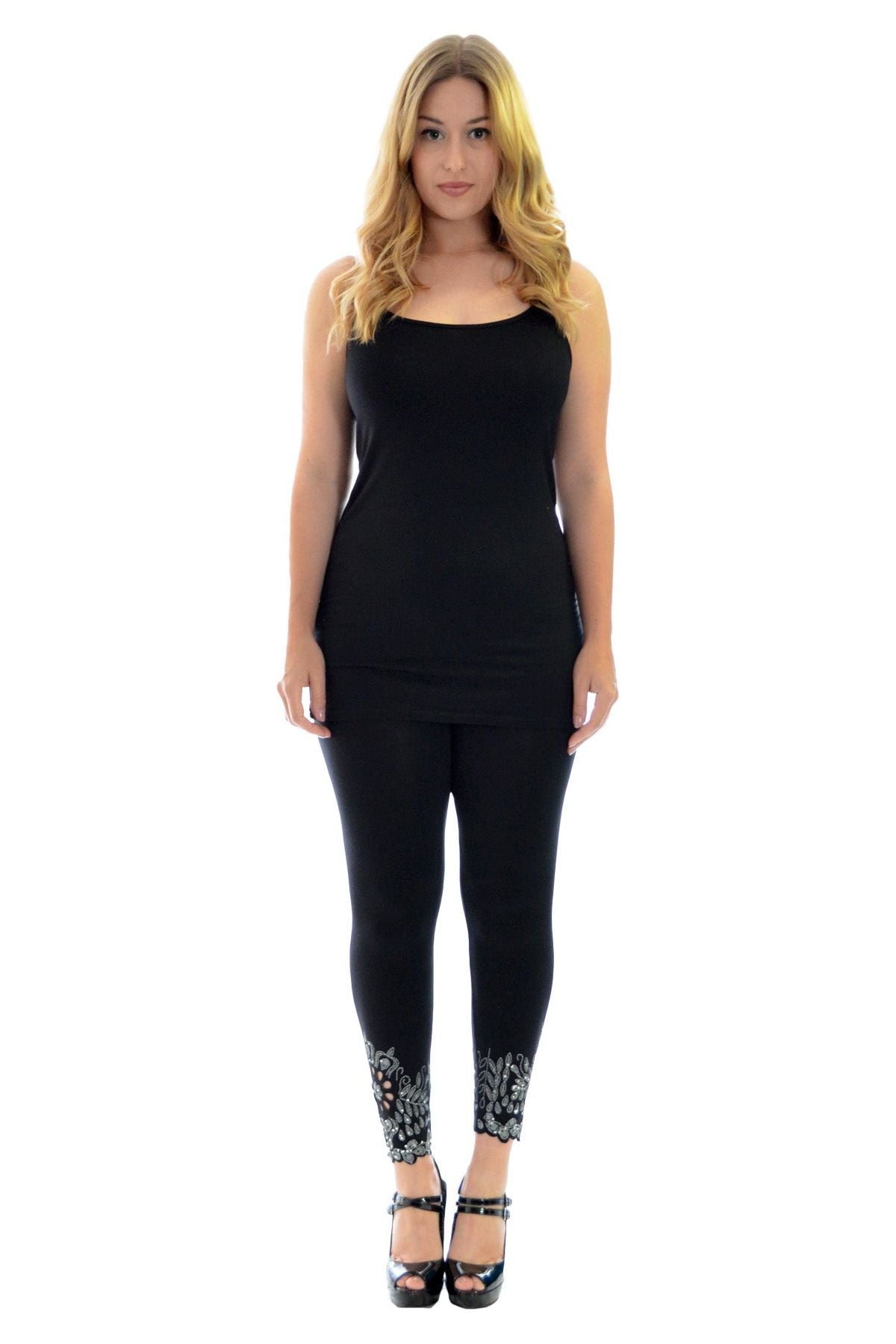 Grey Plus Size Sequin Scallop Beaded Flower Petal Leggings For Women 16-18 - Dropwear