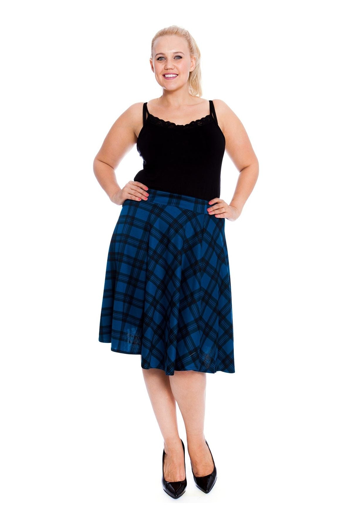 Purple Tartan Flared Elastic Waist Skater Skirt For Women 18 - Dropwear
