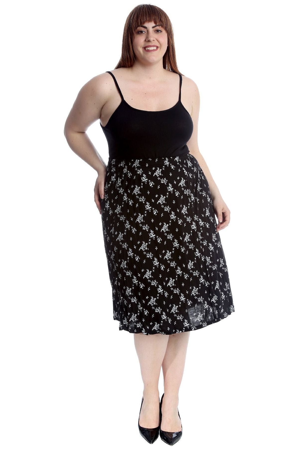 Black White Floral Plus Size Floral Print Midi Skirt For Women 28-30 - Dropwear