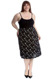 Black White Floral Plus Size Floral Print Midi Skirt For Women 28-30 - Dropwear