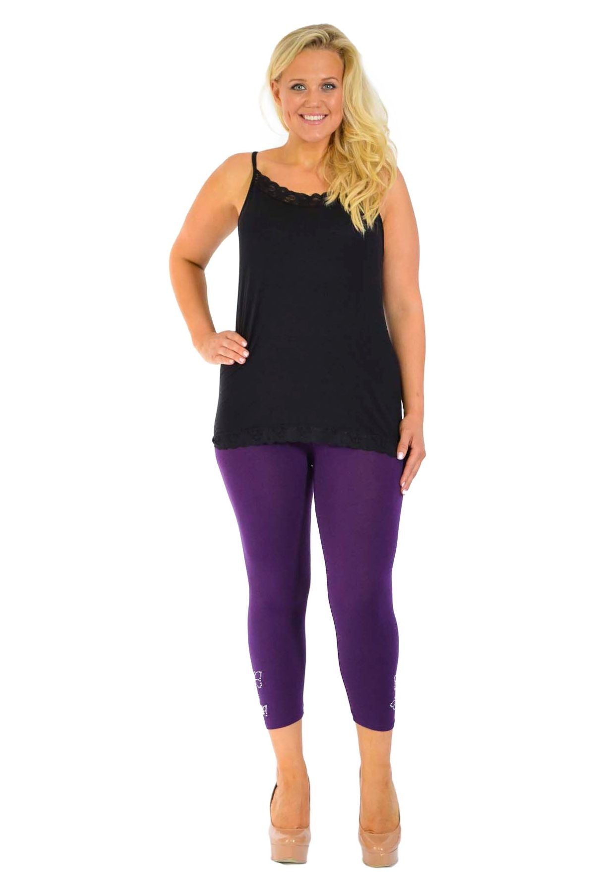 Cerise Plus Size 3/4 Butterfly Sequin Leggings For Women 28-30 - Dropwear