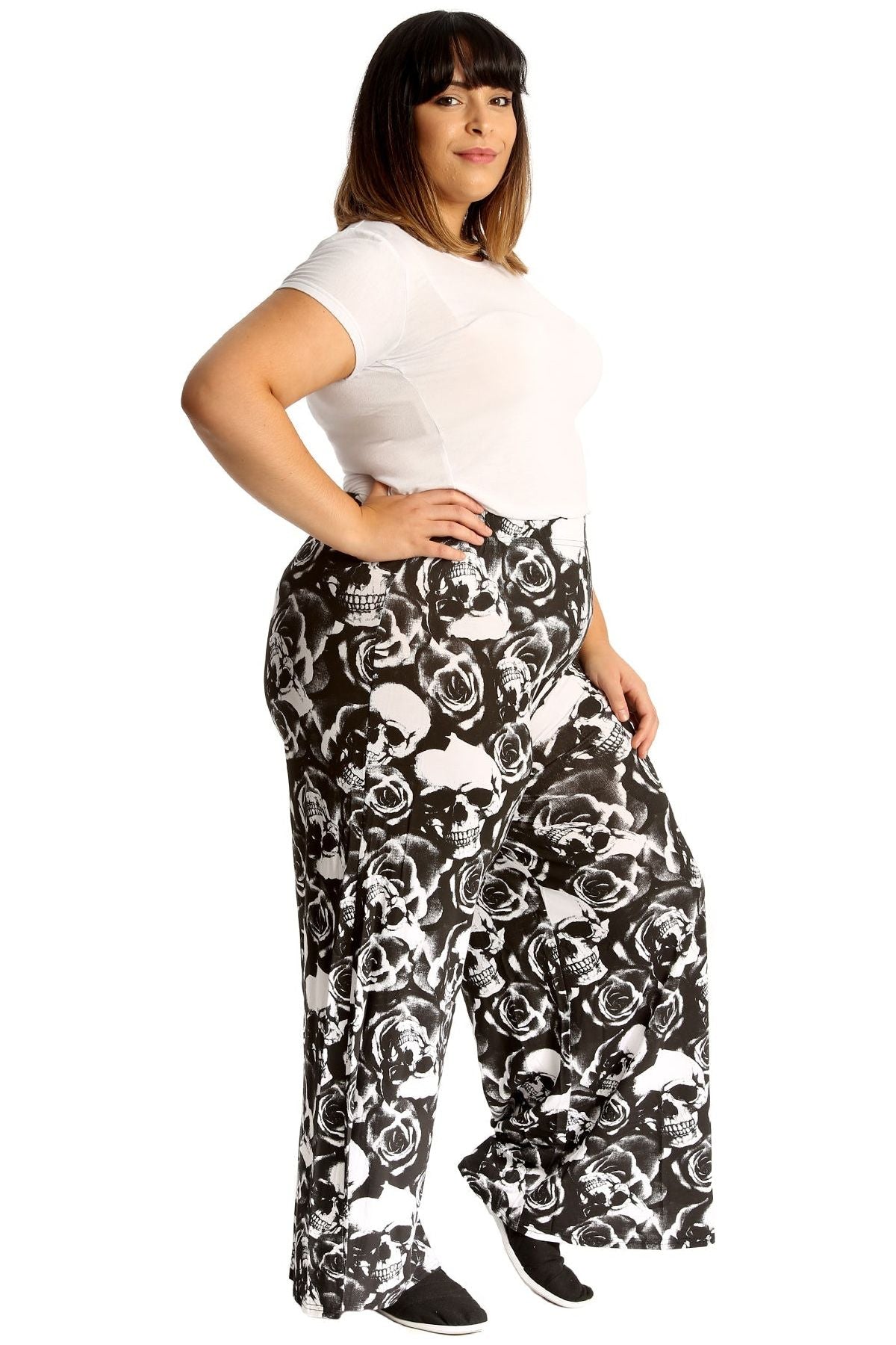 Skull Roses Plus Size Skull Roses Print Palazzo Trouser For Women 24-26 - Dropwear