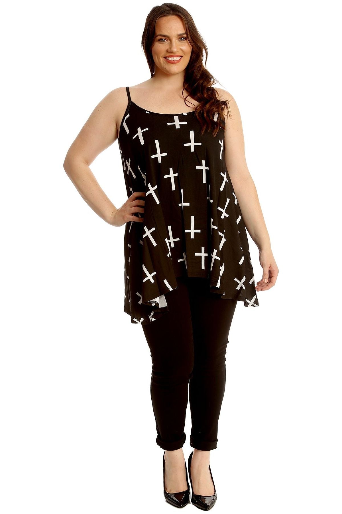 Black White Cross Print Strappy Dress Vest Top For Women  - Dropwear