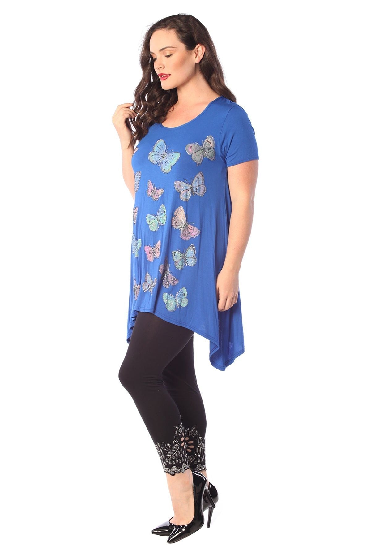 Purple Butterfly Hanky Hem Short Sleeve Top For Women 18 - Dropwear