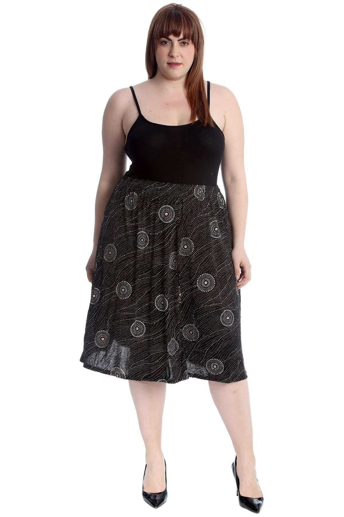Pink Circle Black Plus Size Circle Print Midi Skirt For Women 24-26 - Dropwear