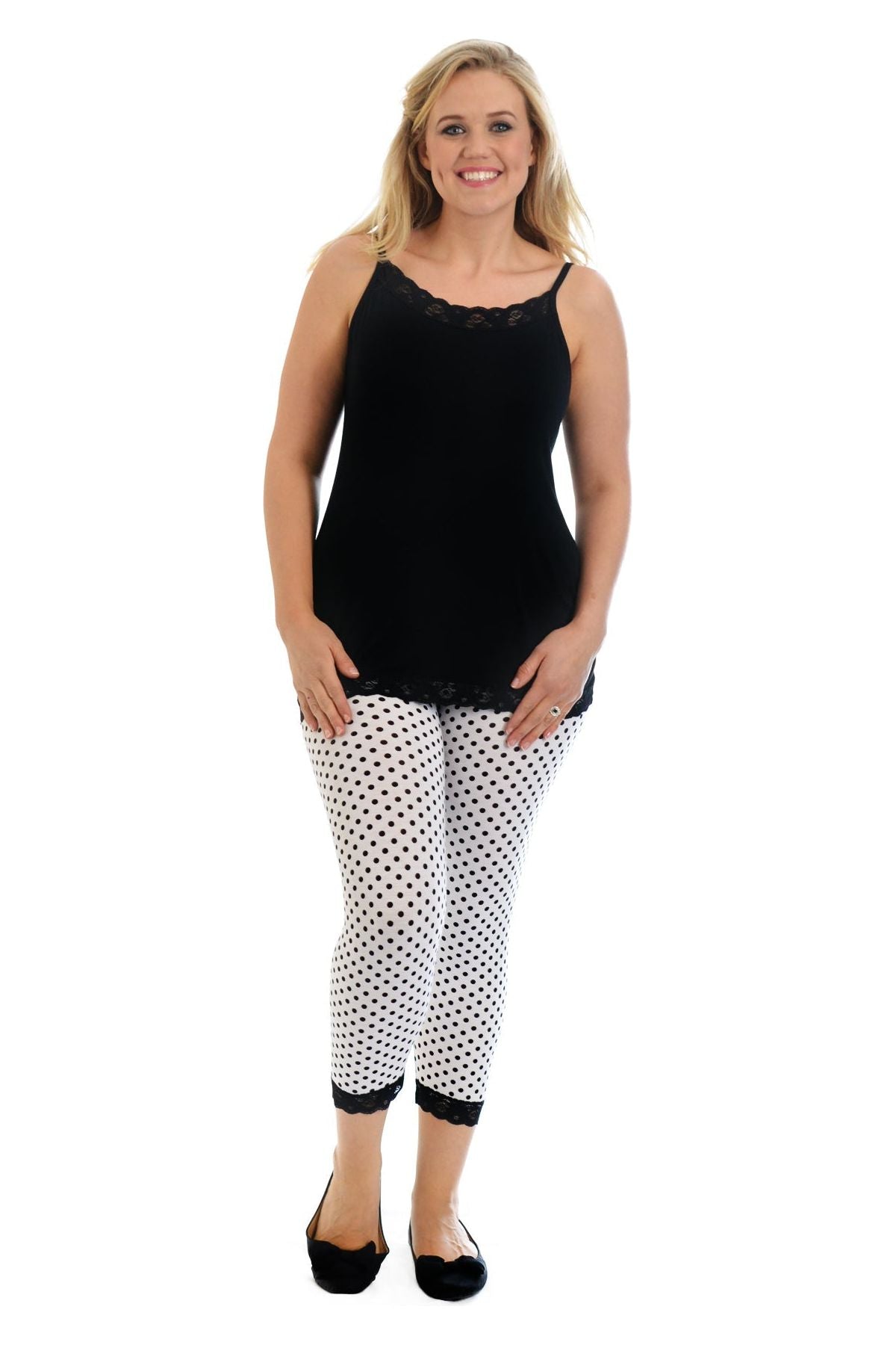 Polka Dot White Plus Size Cropped Polka Dot Lace Trim Leggings For Women 24-26 - Dropwear