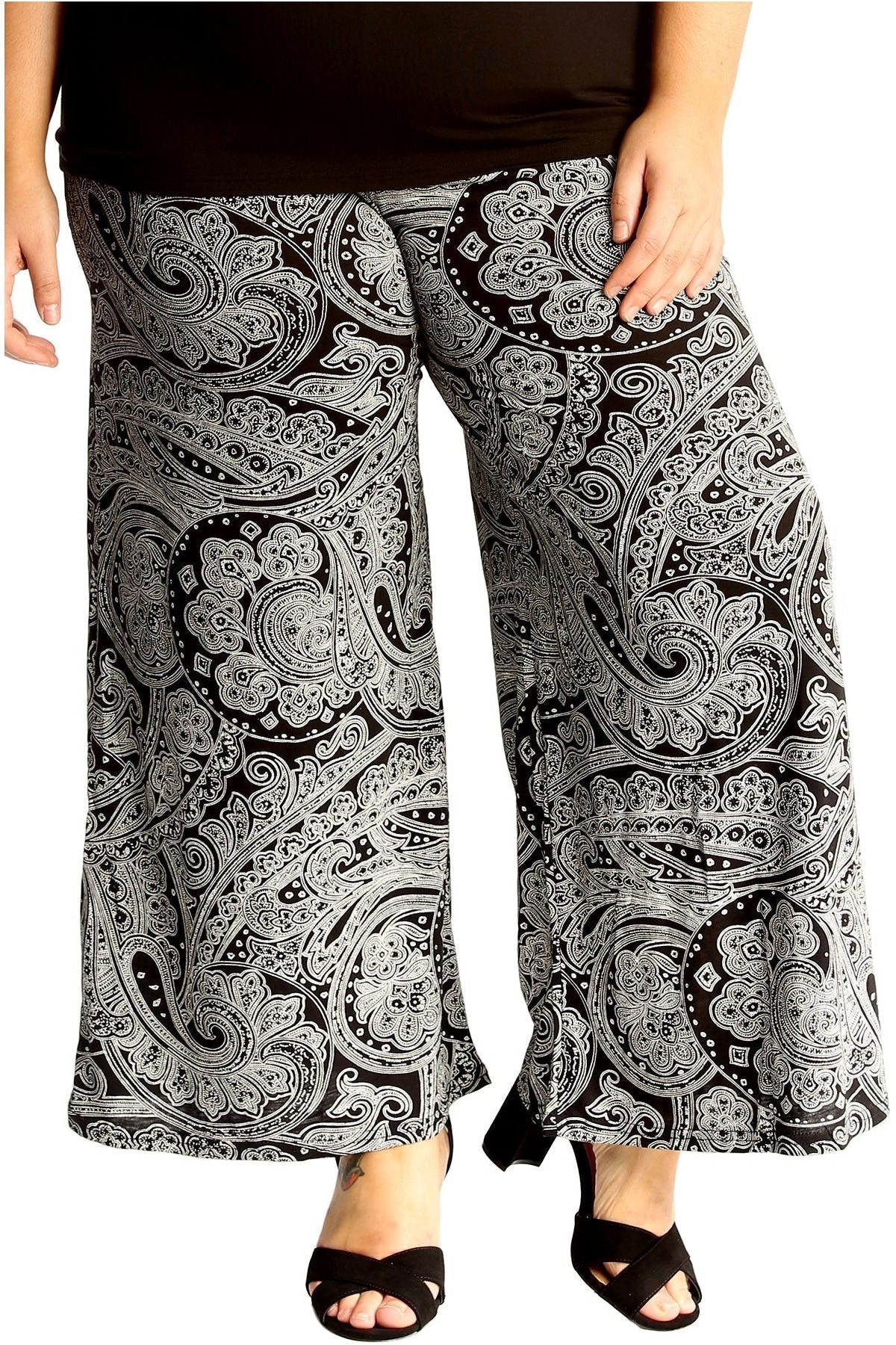 Black Plus Size Big Paisley Print Palazzo Trouser For Women 16-18 - Dropwear