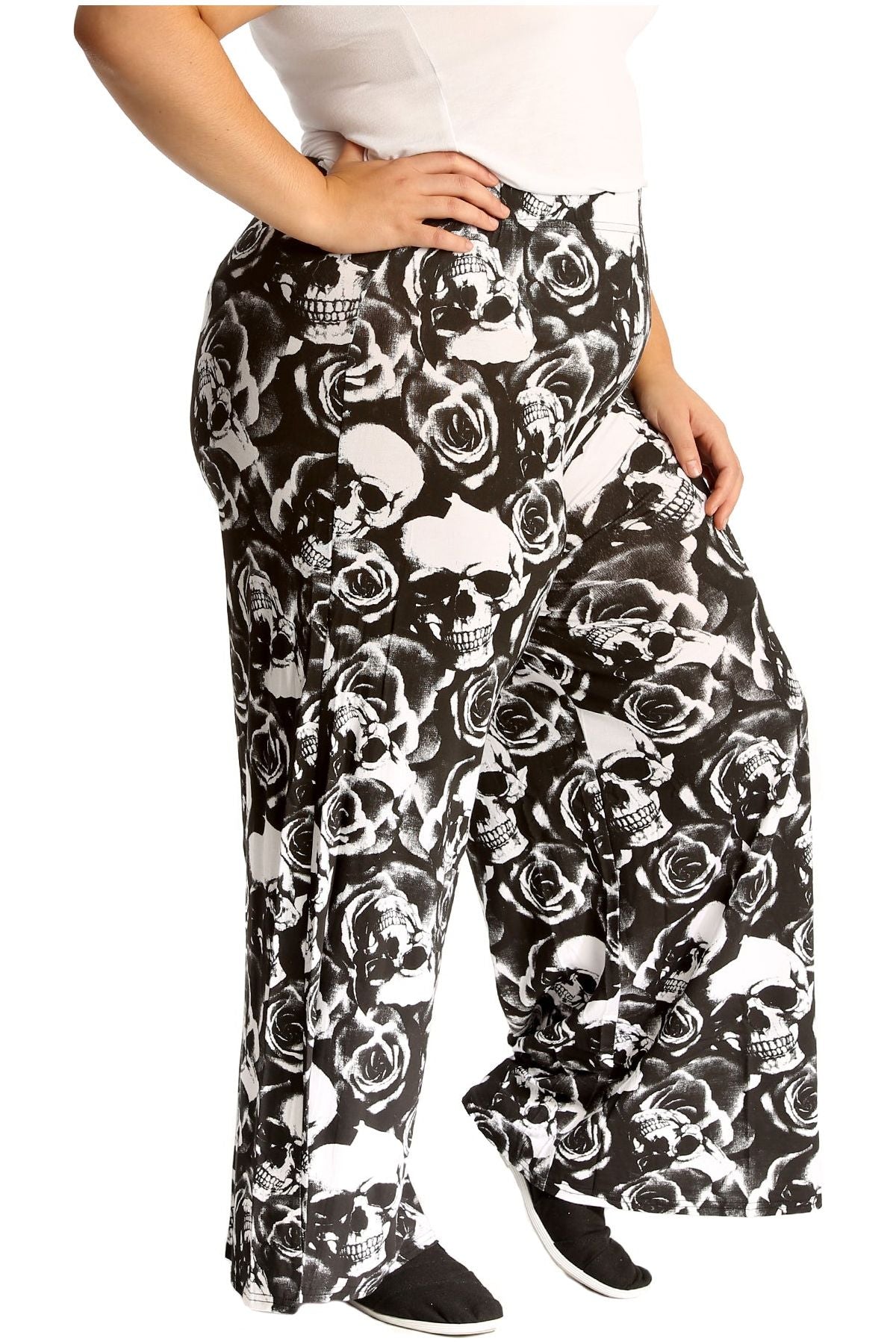 Skull Roses Plus Size Skull Roses Print Palazzo Trouser For Women 16-18 - Dropwear
