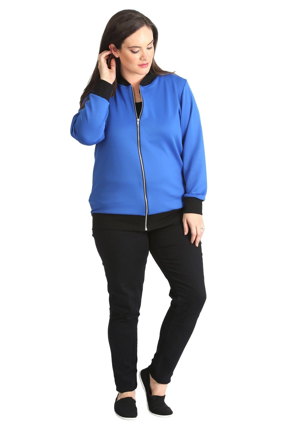Light Blue Plain Bomber Jacket Sleeve Top For Women 16 - Dropwear