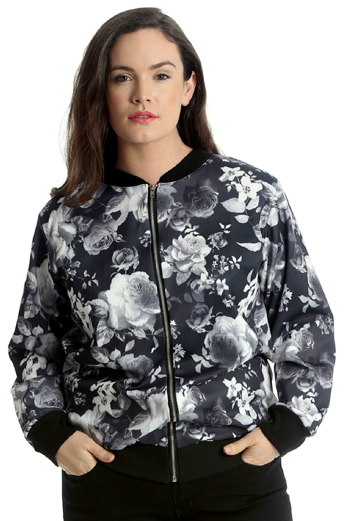 Black Rose Print Floral Bomber Jacket Top For Women 22-24 - Dropwear