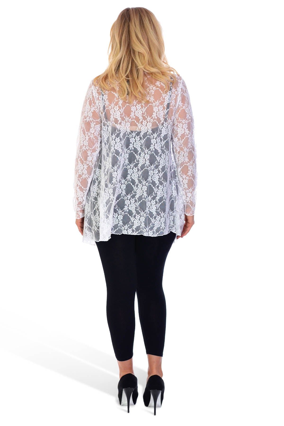 White Floral Lace Open Cardigan Waterfall Top For Women 26-82 - Dropwear