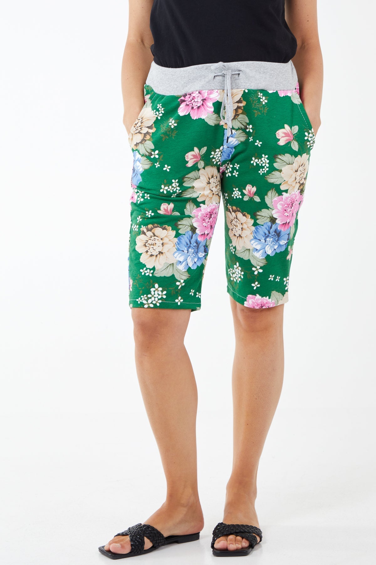 Jade Green Drawstring Waist Floral Shorts For Women 8 - Dropwear